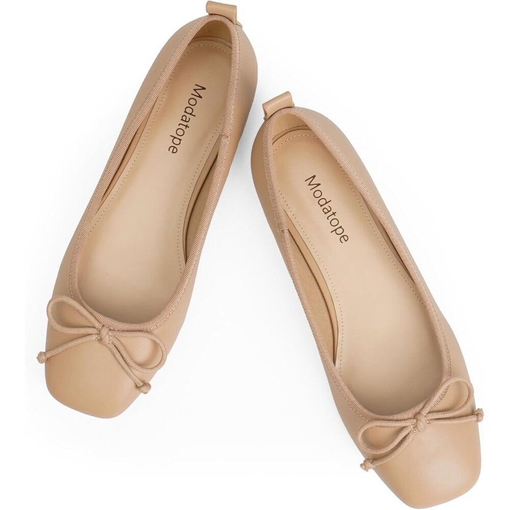 Women's Nude Ballet Flats with Bow Ballerina Closed Square Toe Slip on Shoes